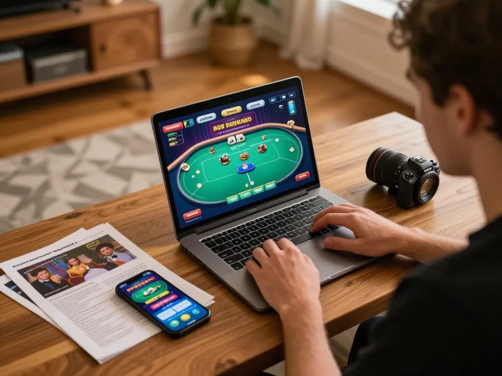Engaged player at home enjoying iWin online casino gaming with strategy notes and app.
