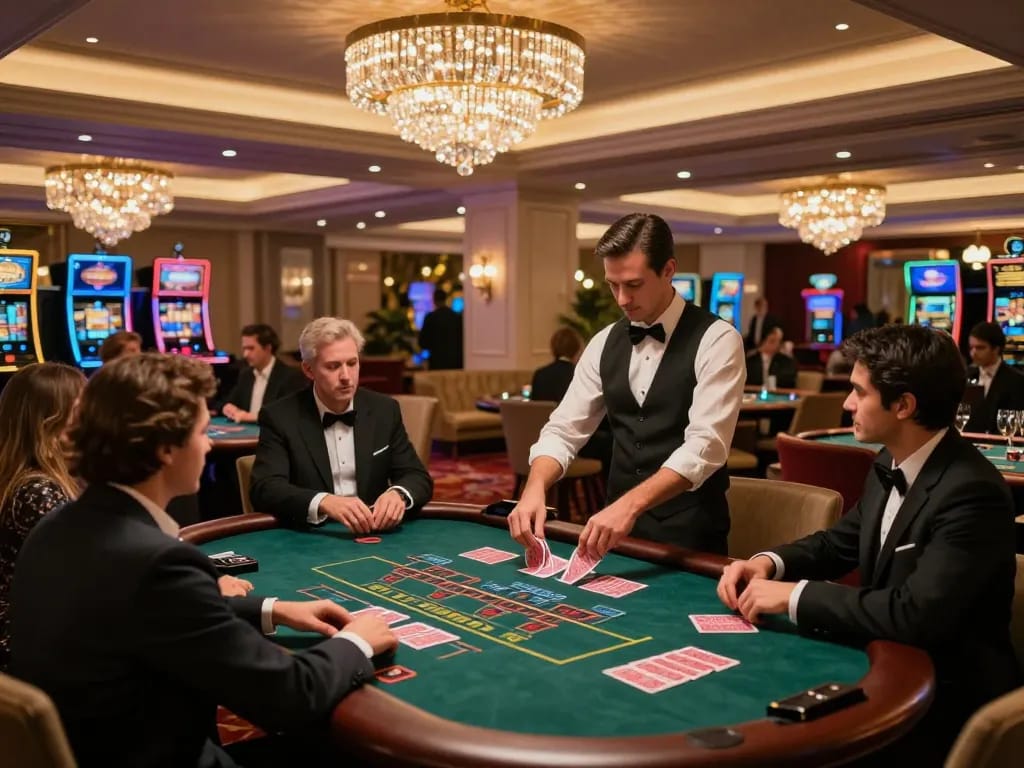 Players engaging at a blackjack table in ROKOK88 casino, showcasing excitement in a vibrant atmosphere.