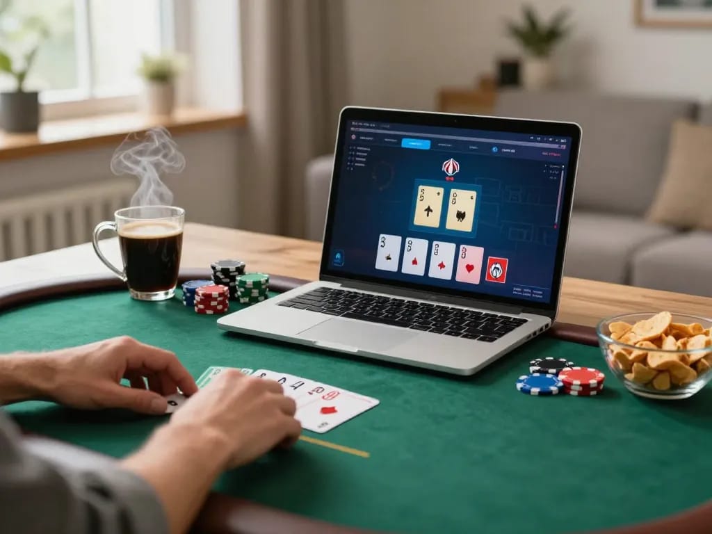 Player engaging in online poker with superjp app displayed on a laptop, creating an immersive gaming experience.