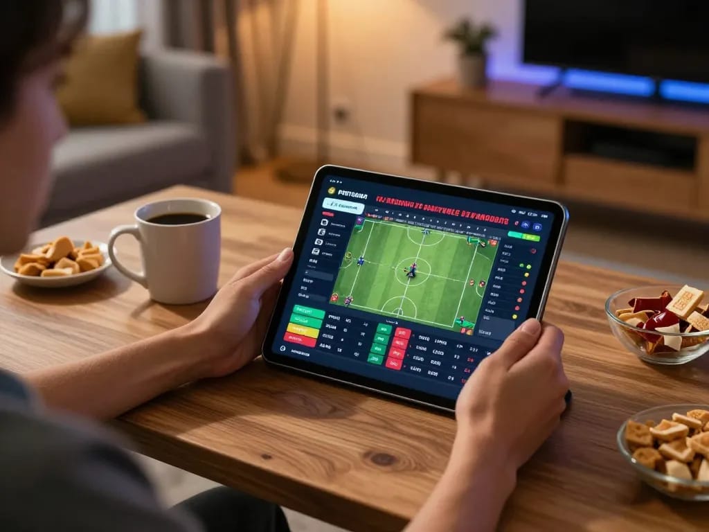 3win user engaging in live sports betting on a tablet at home, showcasing interactive interface and strategic gameplay.