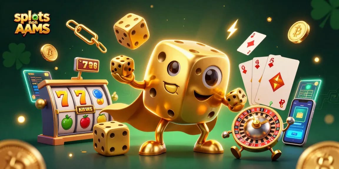 Gioca alle slot non AAMS con una vivace scena 3D di dadi d'oro e simboli fortunati.