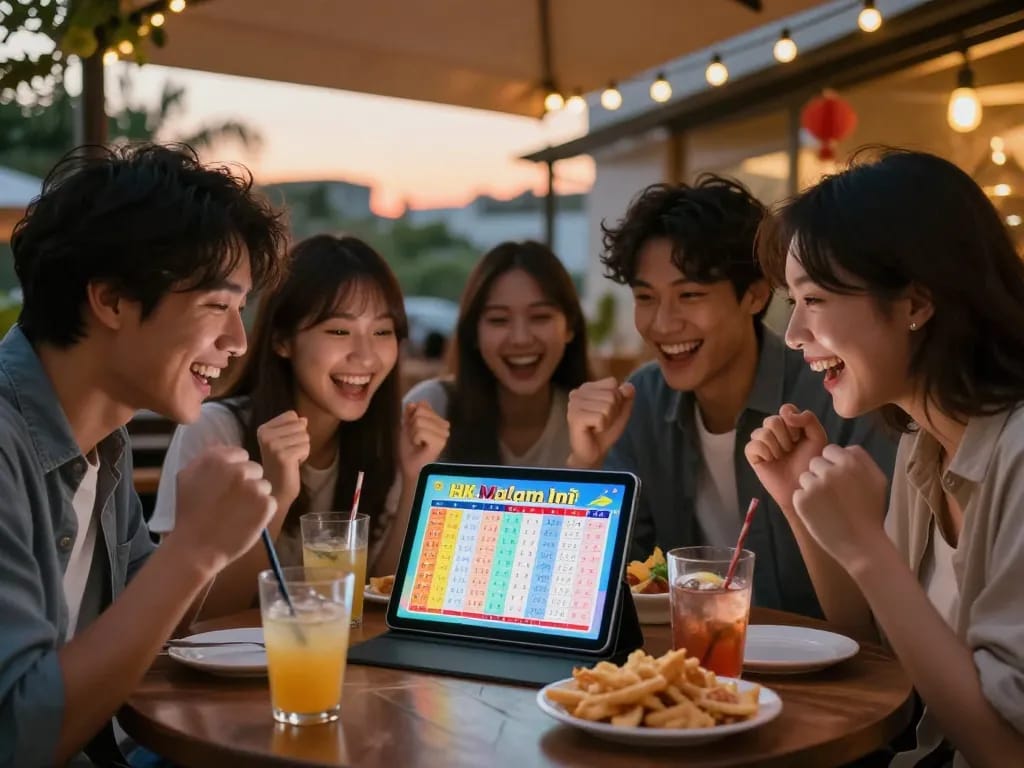 Friends celebrating HK Malam Ini lottery results at a cozy café.