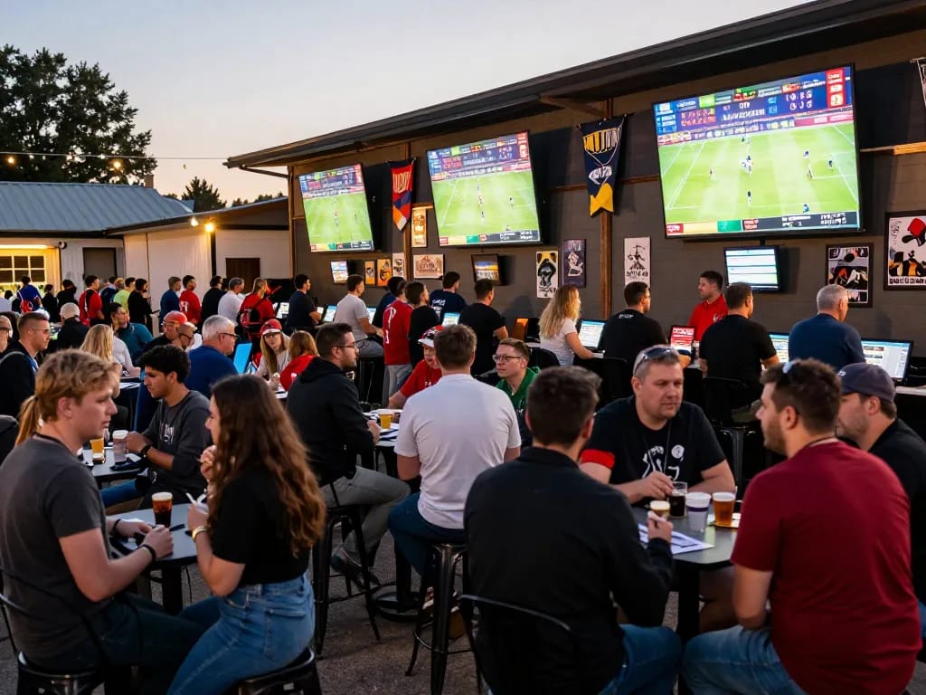 Fabet users enthusiastically placing bets at a lively sports betting venue with excitement in the air.