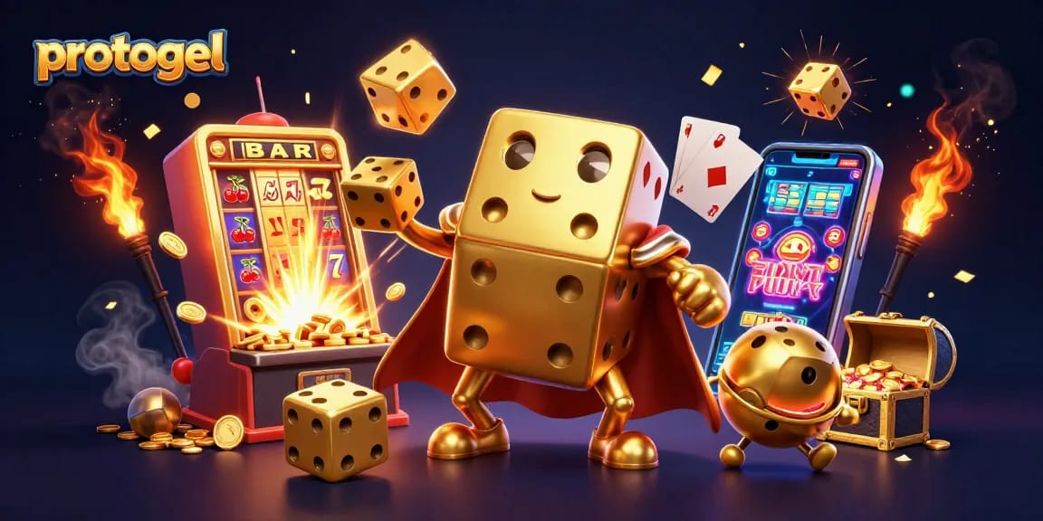 Experience winning thrills with protogel in this vibrant 3D gambling scene featuring golden dice, slots, and jackpots.