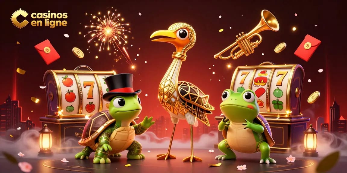 Plongez dans les casinos en ligne avec cette illustration riche en éléments et personnages animés.