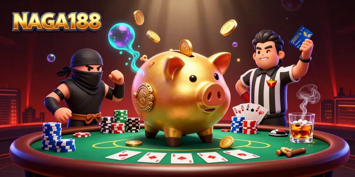NAGA188 menampilkan ilustrasi 3D kasino dengan sumo bank piggy emas, ninja, dan samurai dalam aksi seru.