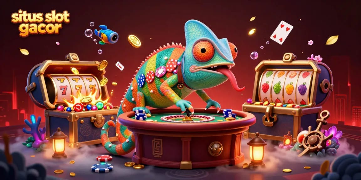 situs slot gacor showcases a vibrant 3D chameleon owner amidst dynamic slot elements, gold coins, and immersive casino details.