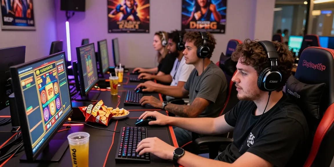 Playbook88 online gaming scene with friends enjoying high RTP slot games and colorful graphics.