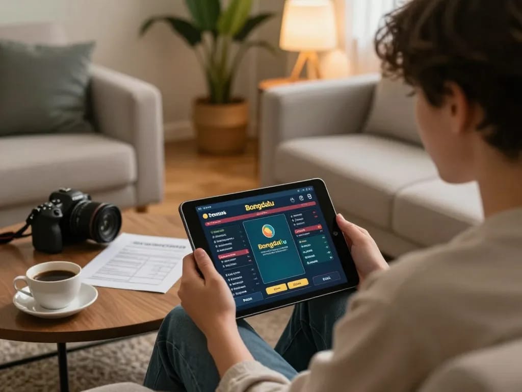Bongdalu user placing bets on a tablet in a cozy, well-lit living room, highlighting online gaming.