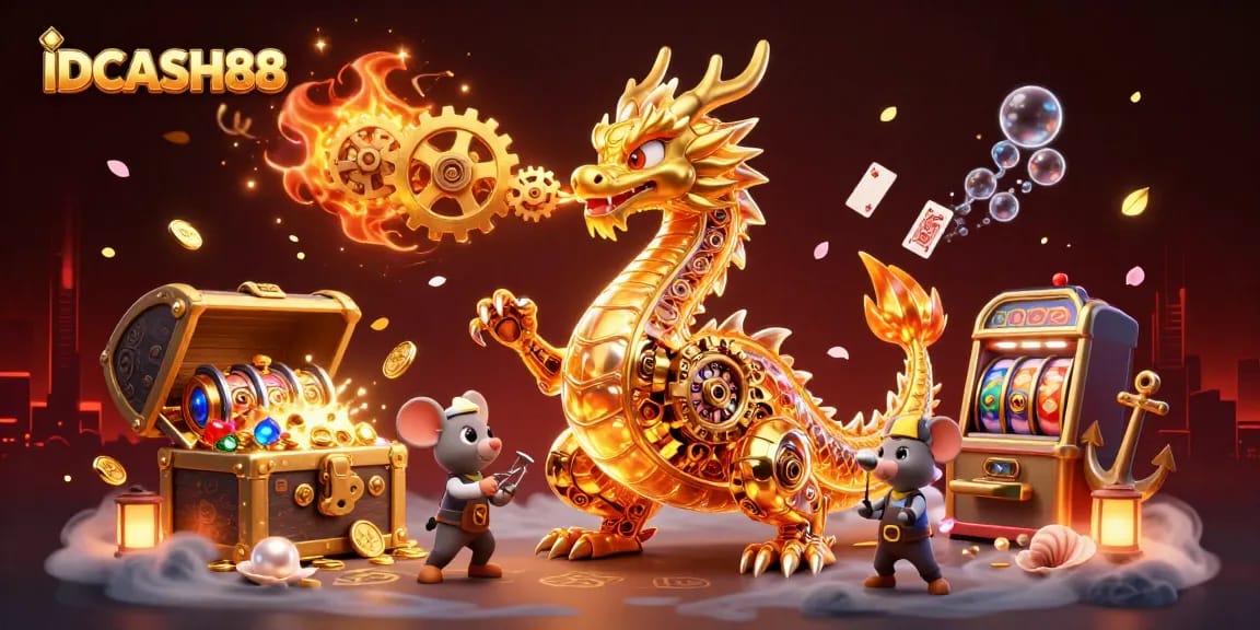 Experience thrilling gaming with IDCASH88's vibrant slot machines and a captivating dragon in action.