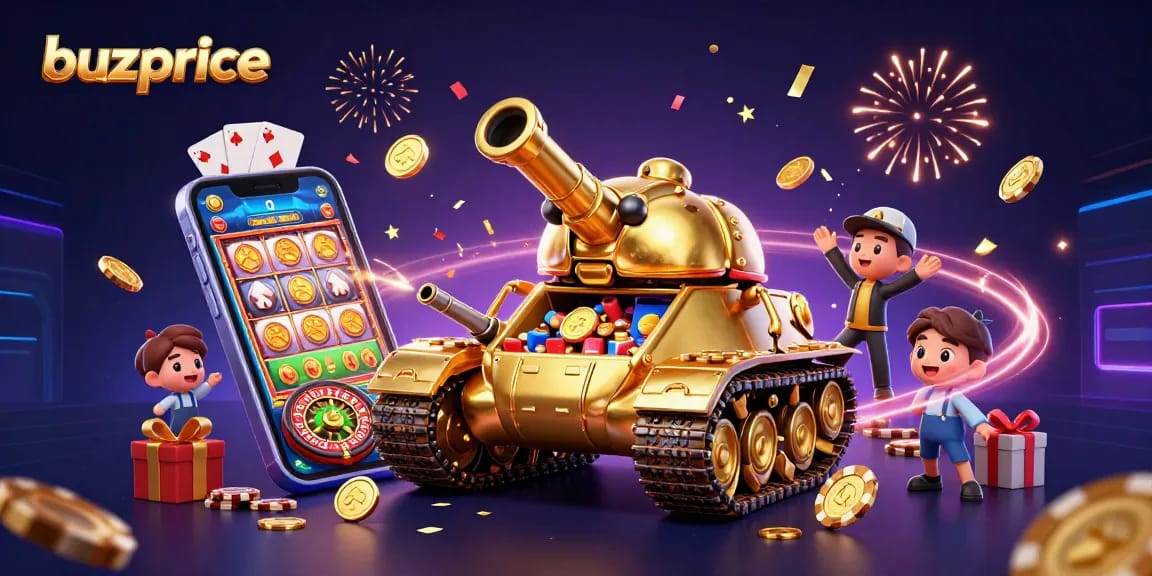 Experience the excitement of buzprice with a massive golden beetle tank revealing a miniature casino.