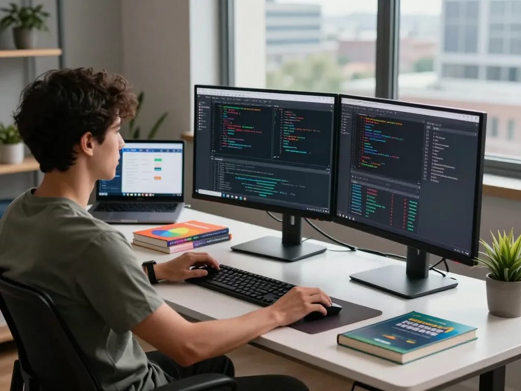 Developer using Clawdbot AI assistant on dual monitors in a modern workspace.