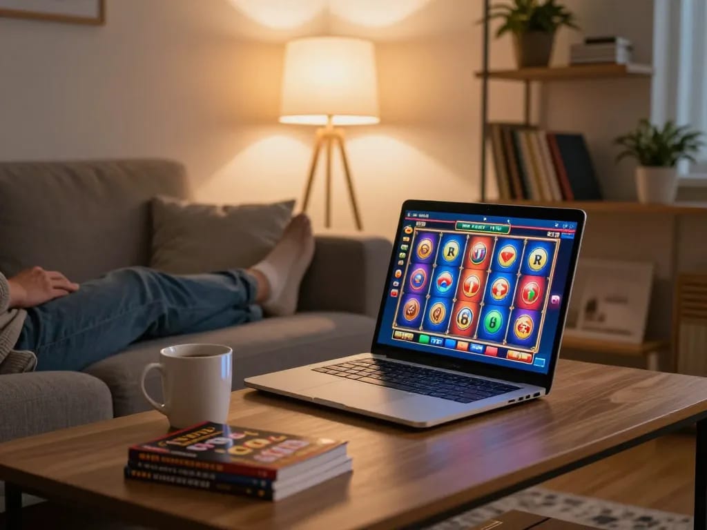 Engaging in online casino gaming on laptop at home with rr88co, showcasing lively slot gameplay.
