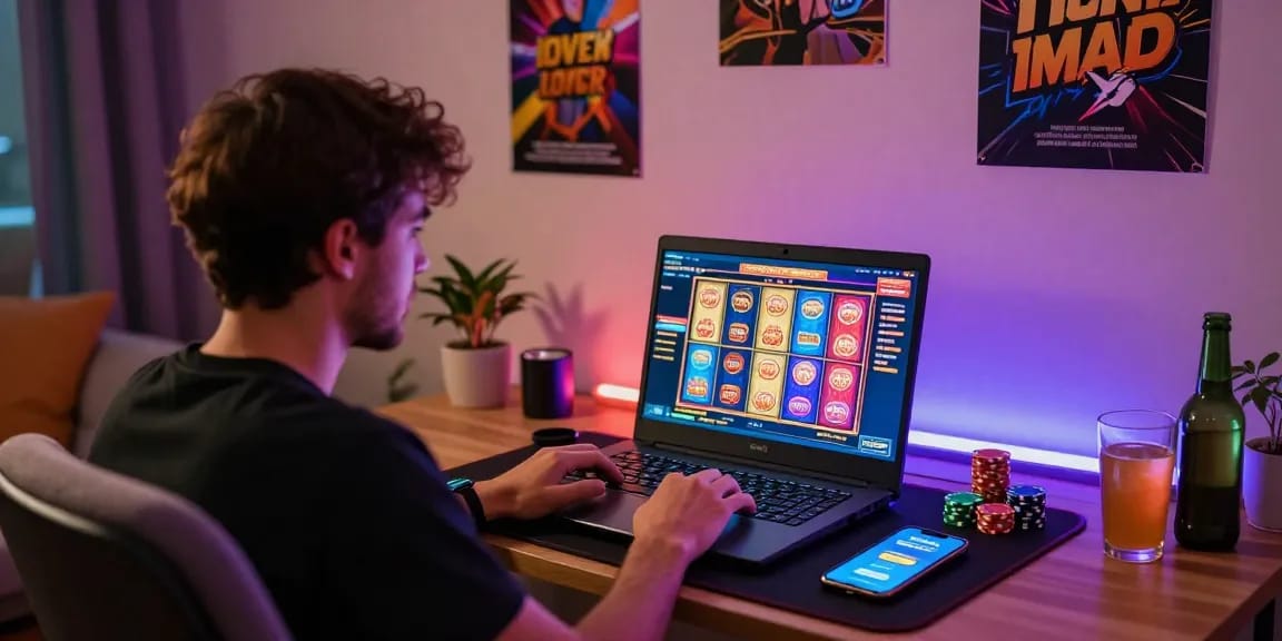 Engaging scene showing a player using deposit pulsa tanpa potongan in an inviting home gaming setup.
