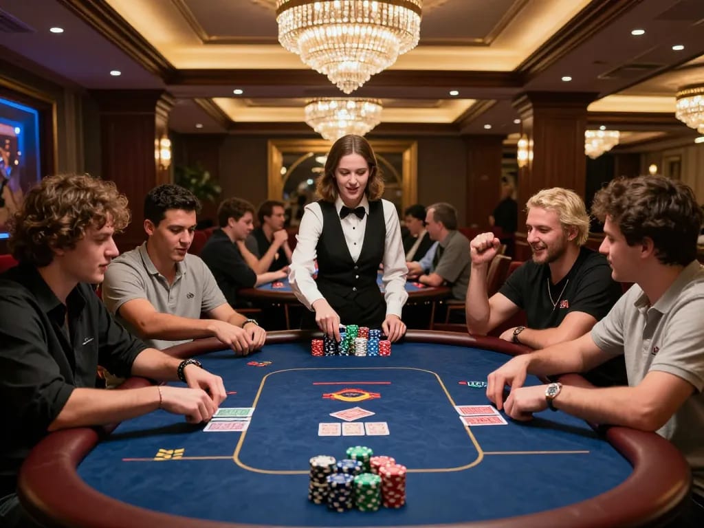 Players engaged in a thrilling poker match at 58win’s luxurious casino, showcasing a vibrant atmosphere and intense gameplay.
