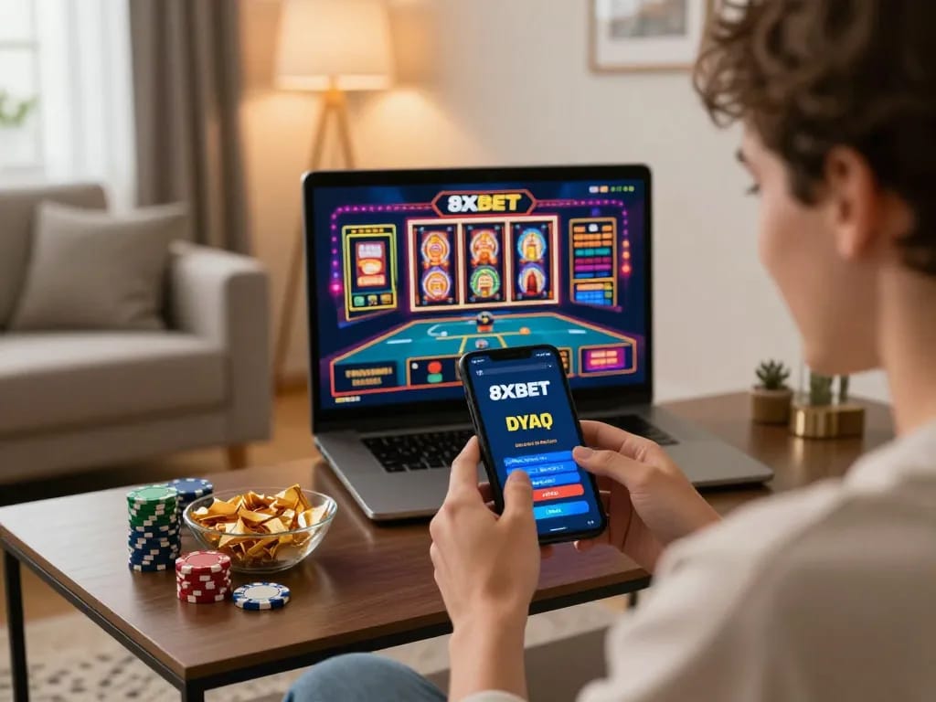 8xbet player engaging in dynamic mobile gaming session with chips and snacks