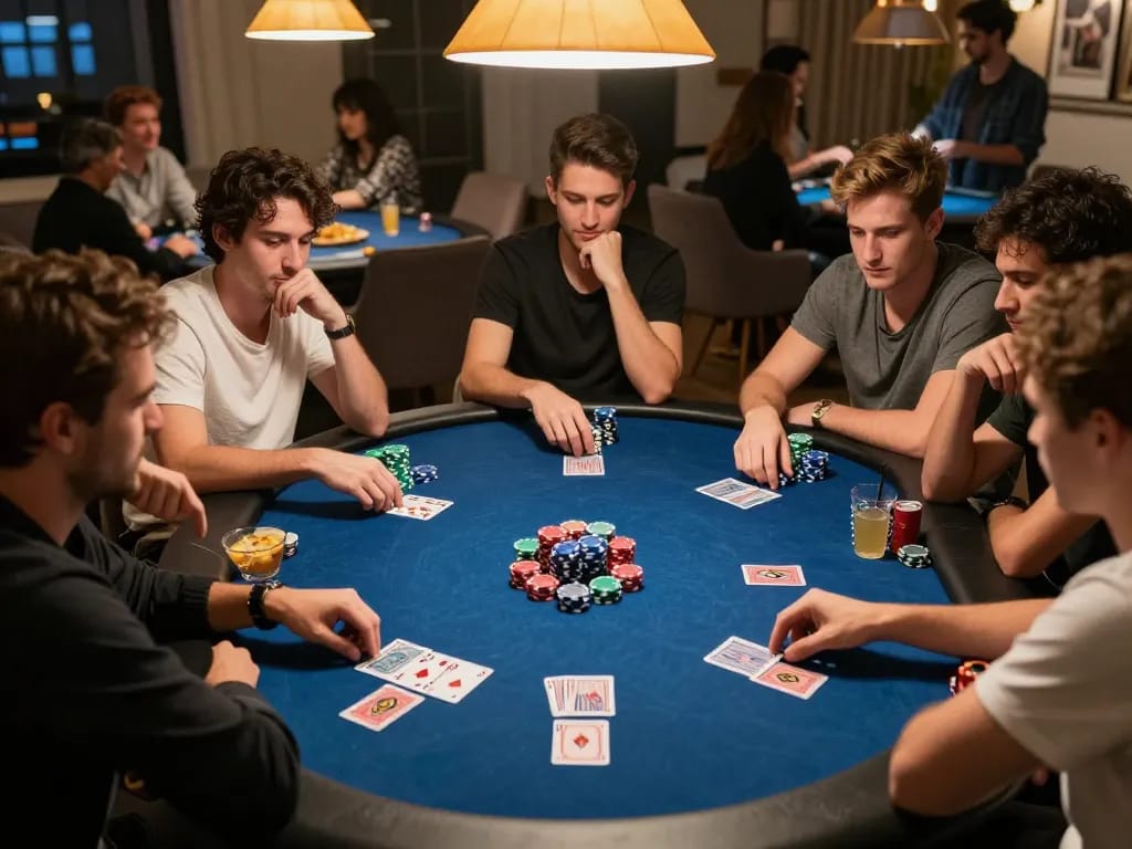Players enjoying a thrilling poker night at home, showcasing strategic moves and camaraderie in rokok88 game.