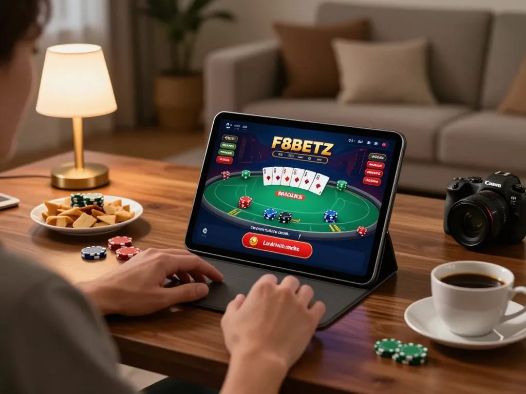 Player using F8BETZ mobile casino app during a relaxed gaming session at home with vibrant poker graphics.
