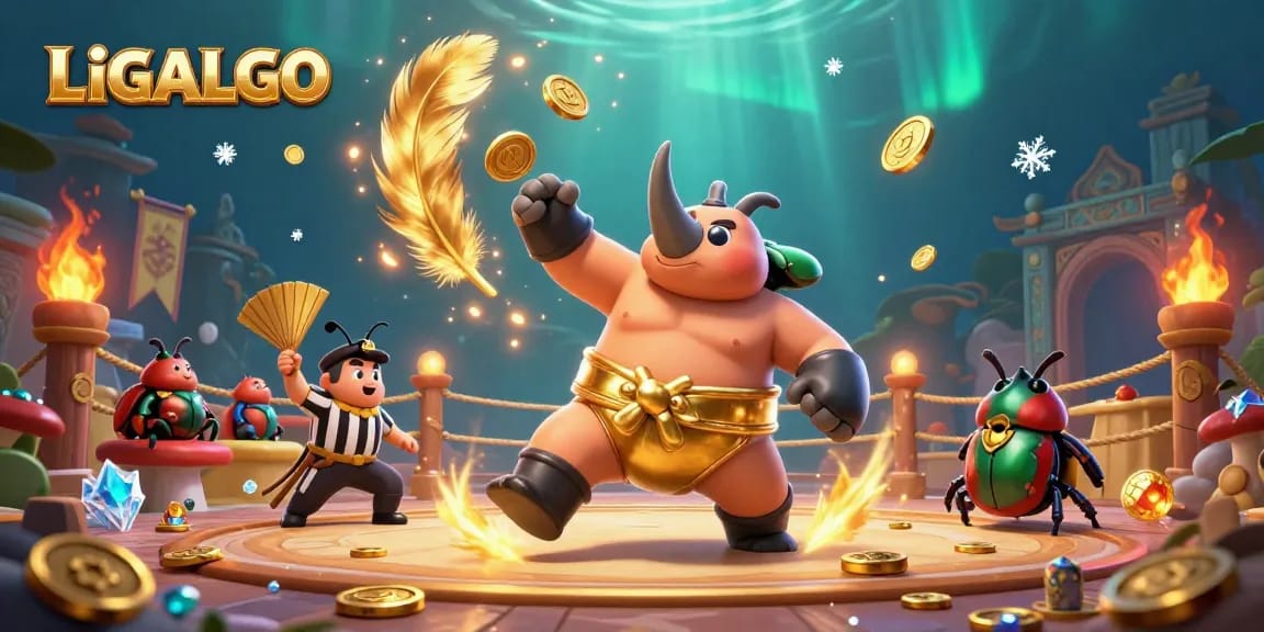 LIGALGO highlights a thrilling 3D scene of cartoon beetles competing in an energetic casino-inspired arena.