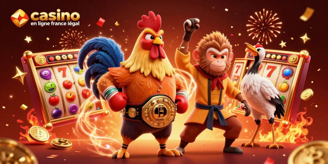 Jouer sur un casino en ligne France légal avec un coq et un singe mascottes dans une illustration festive