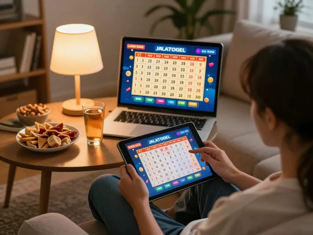 Pelacak pemain JALATOGEL melacak hasil lotere langsung di tablet dalam suasana rumah yang nyaman.