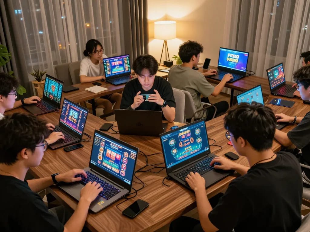 Players enjoying diverse games on Trang Chủ FB88, celebrating wins in a vibrant home setting