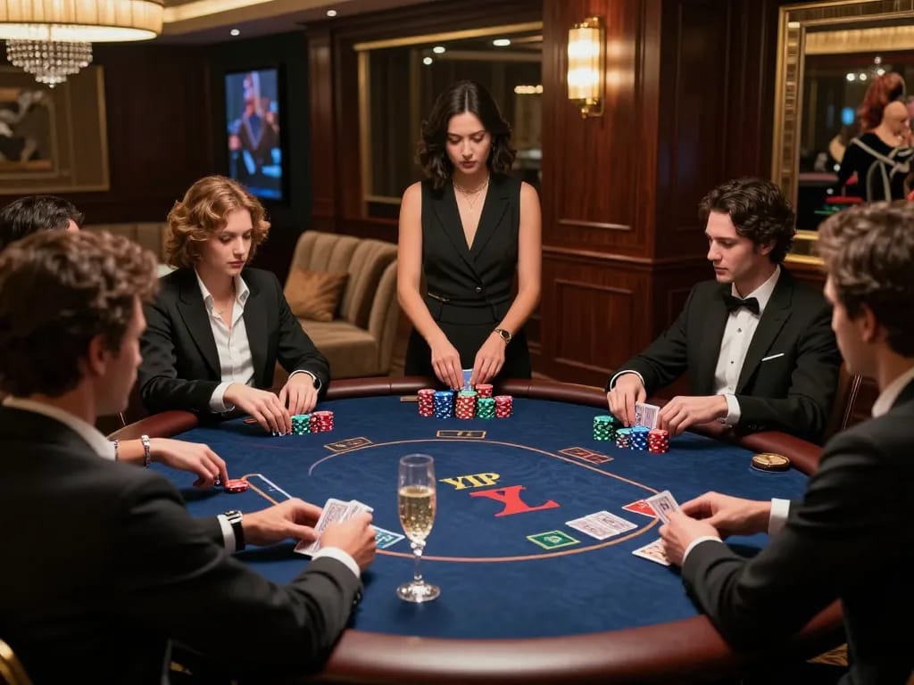 KJC poker players strategizing in a luxurious casino VIP area during high-stakes game.