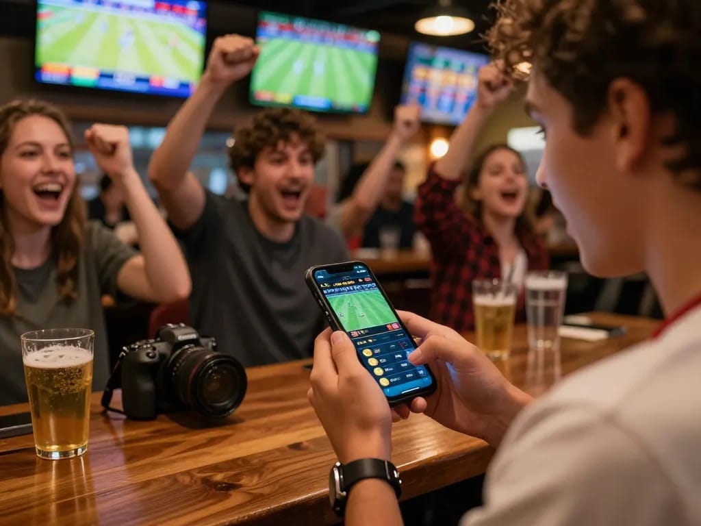 keobongda user placing bets through a mobile app in a lively sports bar atmosphere.