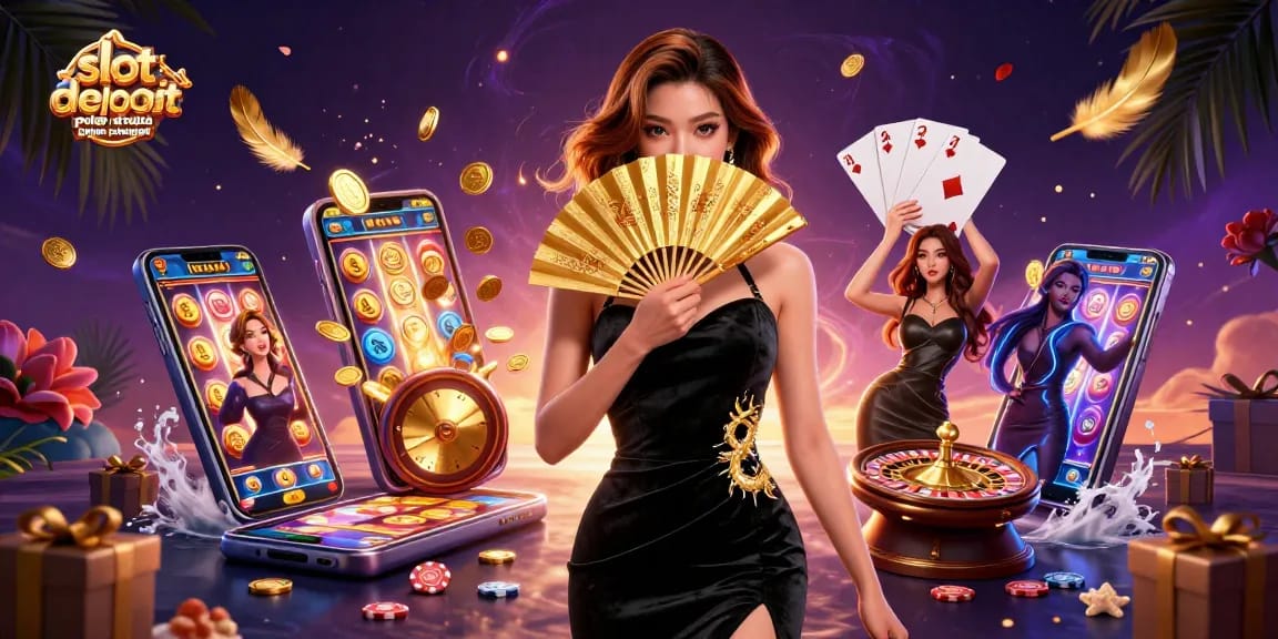 Experience excitement with slot deposit pulsa tanpa potongan game action illustrated through a captivating Asian woman and dynamic gaming elements.