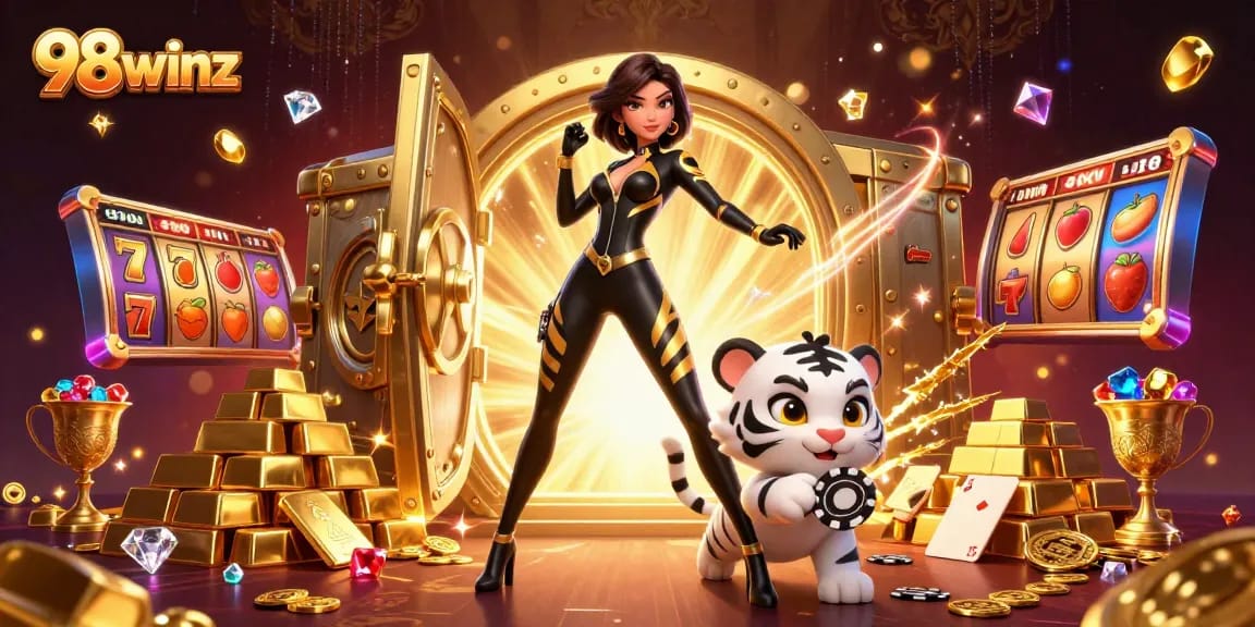 Experience thrilling gameplay at 98winz with a dynamic 3D casino scene showcasing vibrant characters and casino elements.