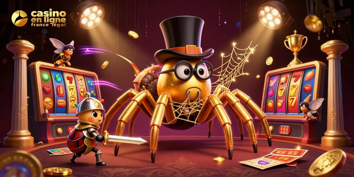 Une tarantule dorée au casino en ligne France légal tisse une toile, entourée de personnages captivants.