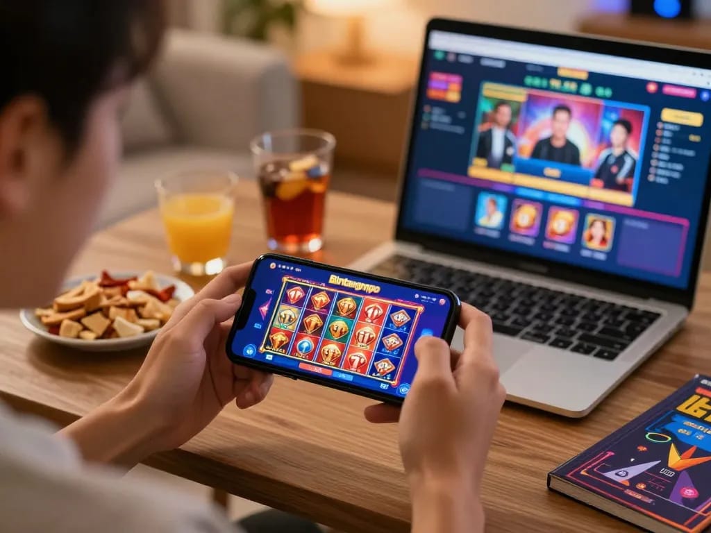 Pemain Bintangmpo sedang berinteraksi dengan smartphone untuk perjudian online di lingkungan rumah yang nyaman.