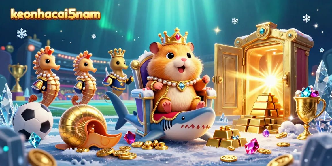 Engage with keonhacai5nam's thrilling sports betting world, featuring a hamster king surrounded by shimmering treasures and vibrant stadium elements.