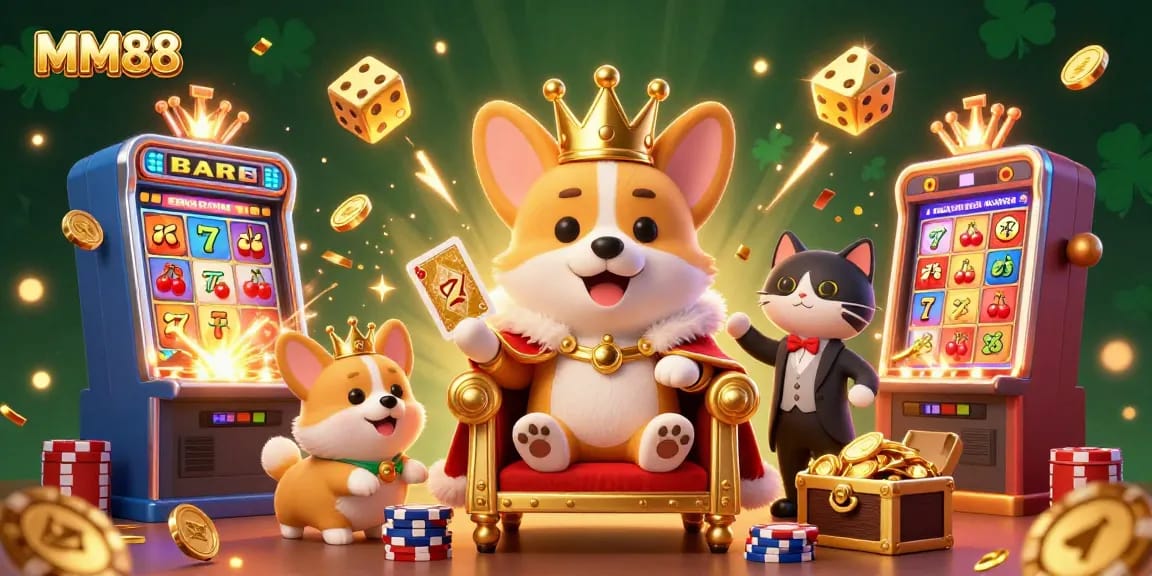 Experience MM88 with vibrant 3D illustration of a royal corgi adorned with casino elements, showcasing excitement in gaming.