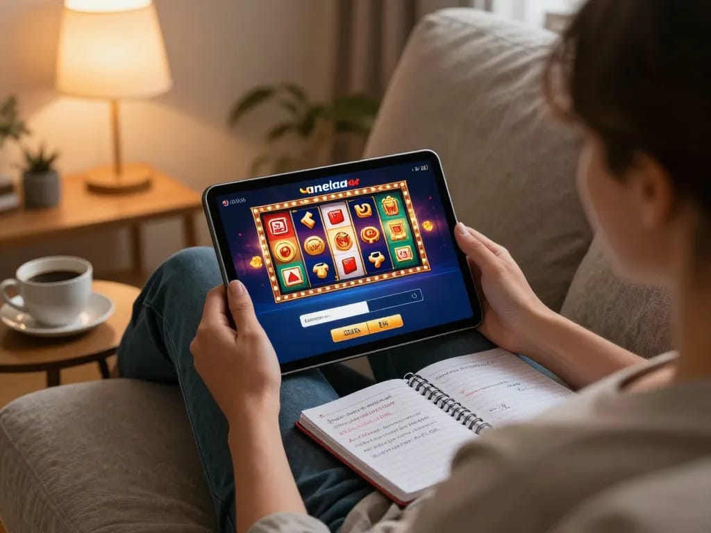 Pemain mengakses login aneka4d di tablet dengan gulungan slot yang cerah dalam suasana nyaman di rumah.