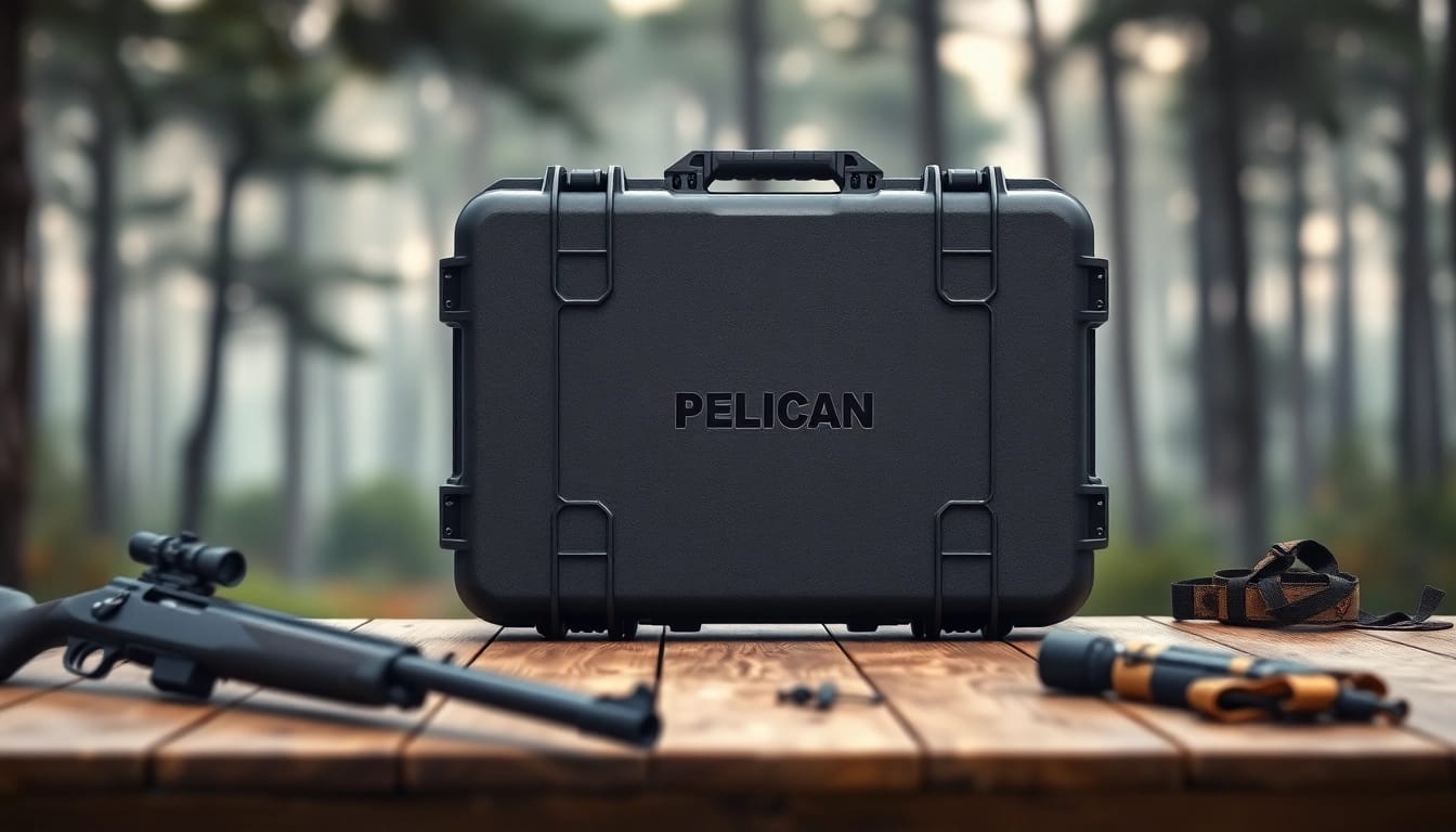 Shop pelican gun case for sale, showcasing robust design and outdoor adventure context.