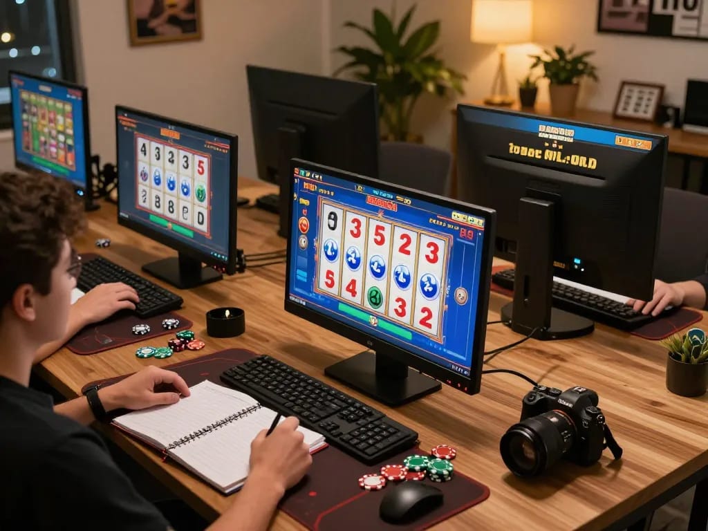 Engaged player focusing on togel 4D online gameplay with strategies at hand, modern workspace ambiance