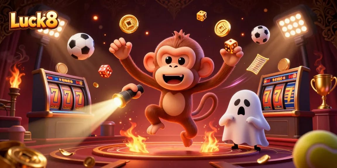 Engage in thrilling gameplay as Luck8 casino unfolds with vibrant characters and gold elements.