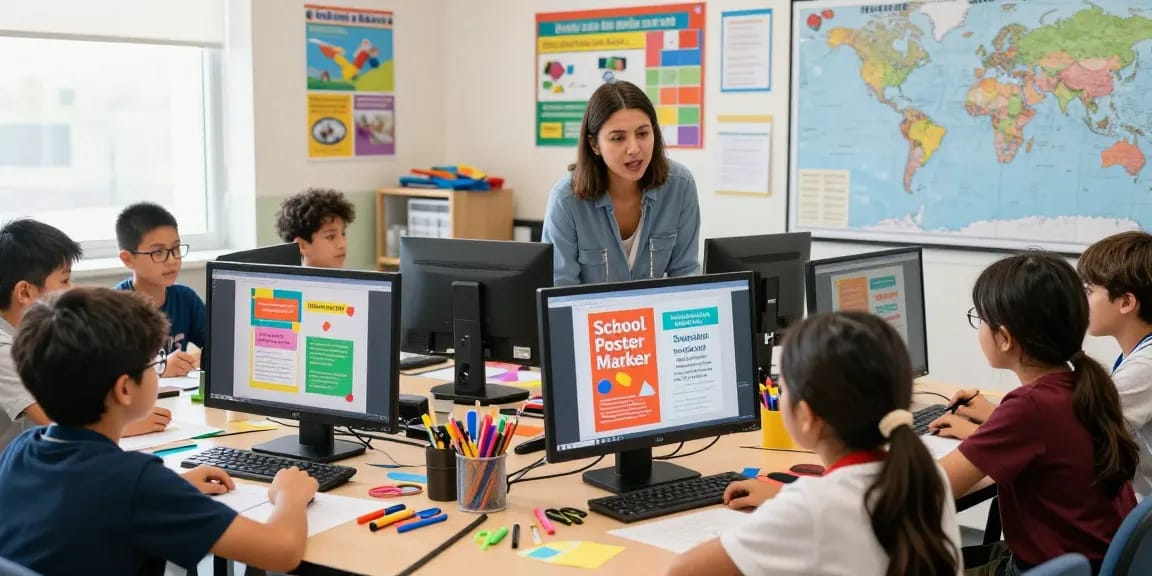 Creative classroom using a School Poster Maker with engaged students designing colorful posters.