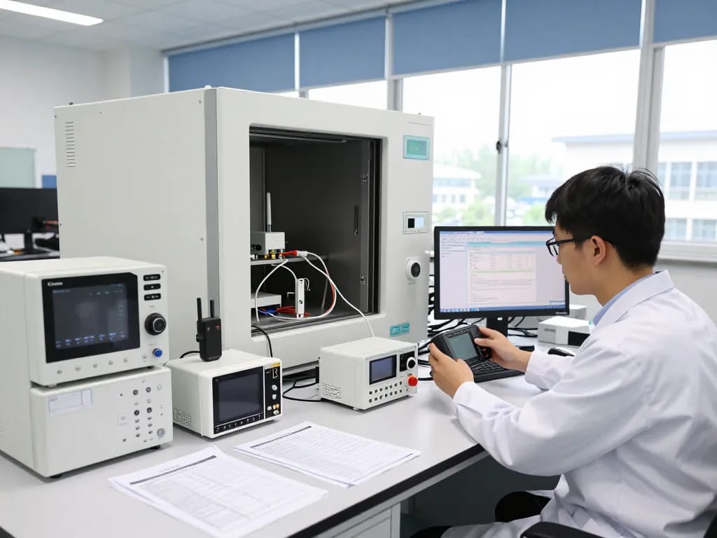 Electromagnetic compatibility Testing inside a high-tech laboratory with an engineer analyzing electronic devices.