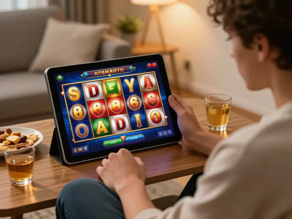 Player engaging with an online slot game on a tablet, showcasing vibrant reel graphics and warm home atmosphere.