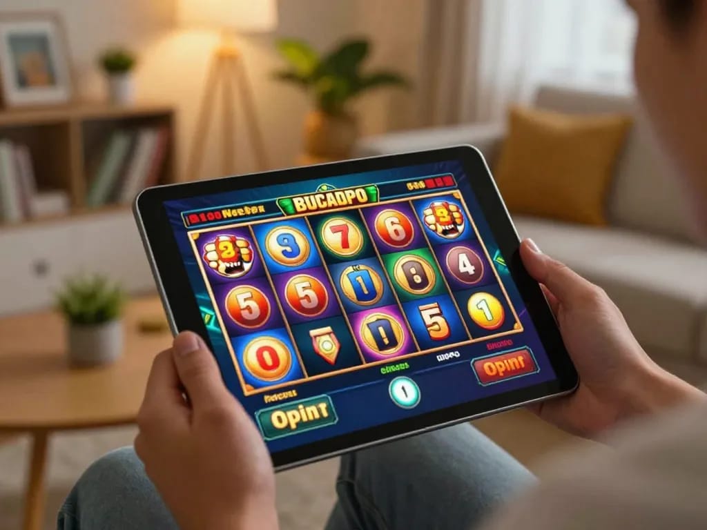 Engaging with link gacor while spinning colorful slots on a tablet at home in a cozy setting.