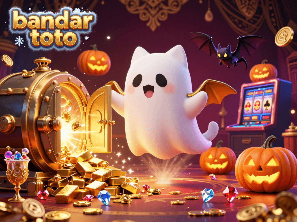Experience thrilling bandar toto games amidst a whimsical casino scene with glowing pumpkins and treasure.
