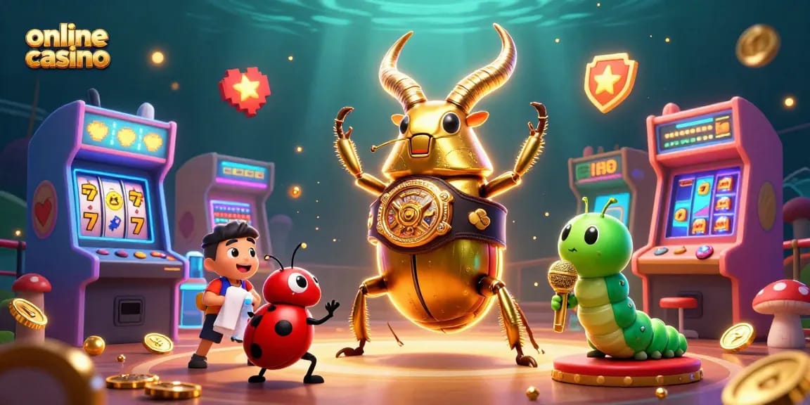 Engage with thrilling online casino action featuring a golden beetle champion in a dynamic gaming scene.