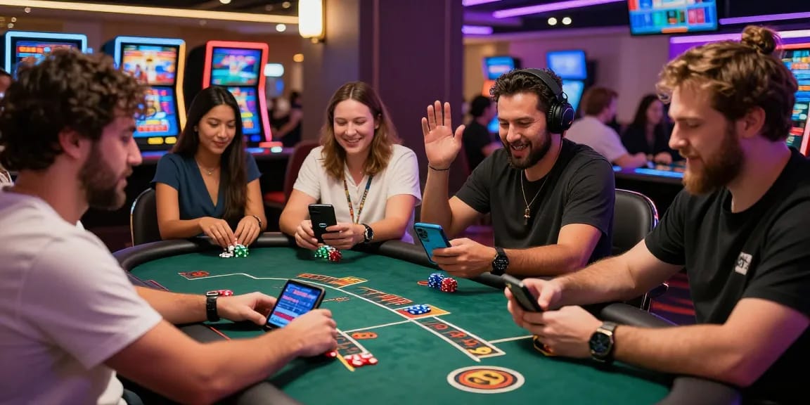 Excited players enjoying games at the best credit card casinos with live dealers and vibrant ambiance.