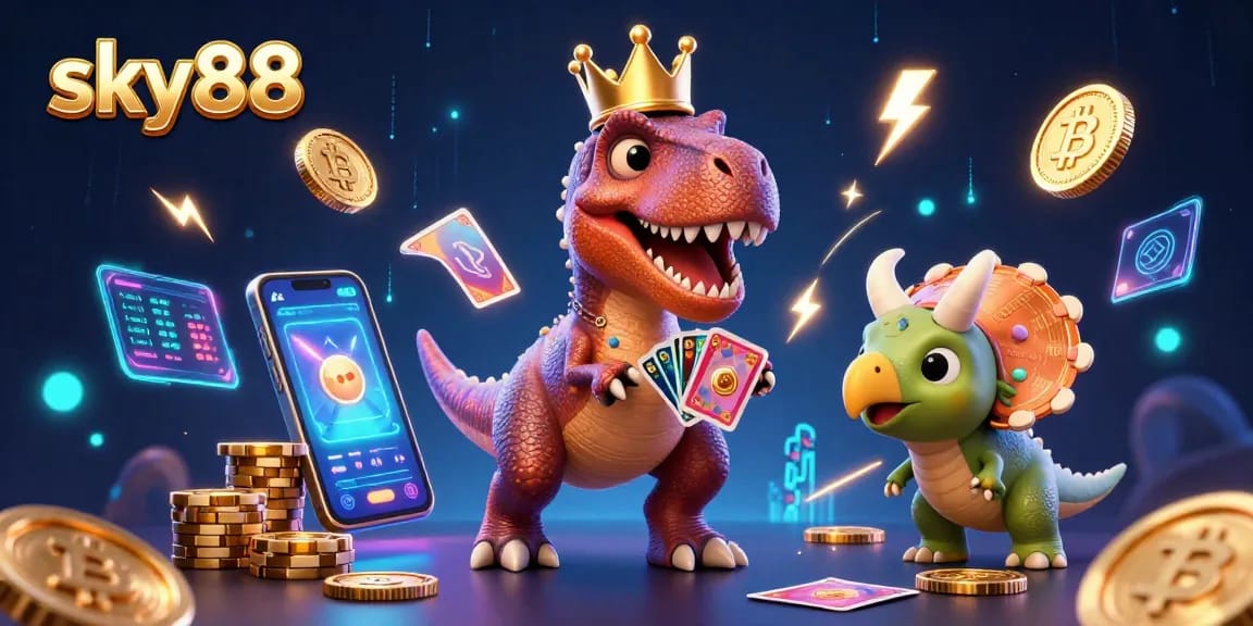 Experience thrilling gameplay at sky88 with vibrant characters and crypto elements in a rich casino setting.