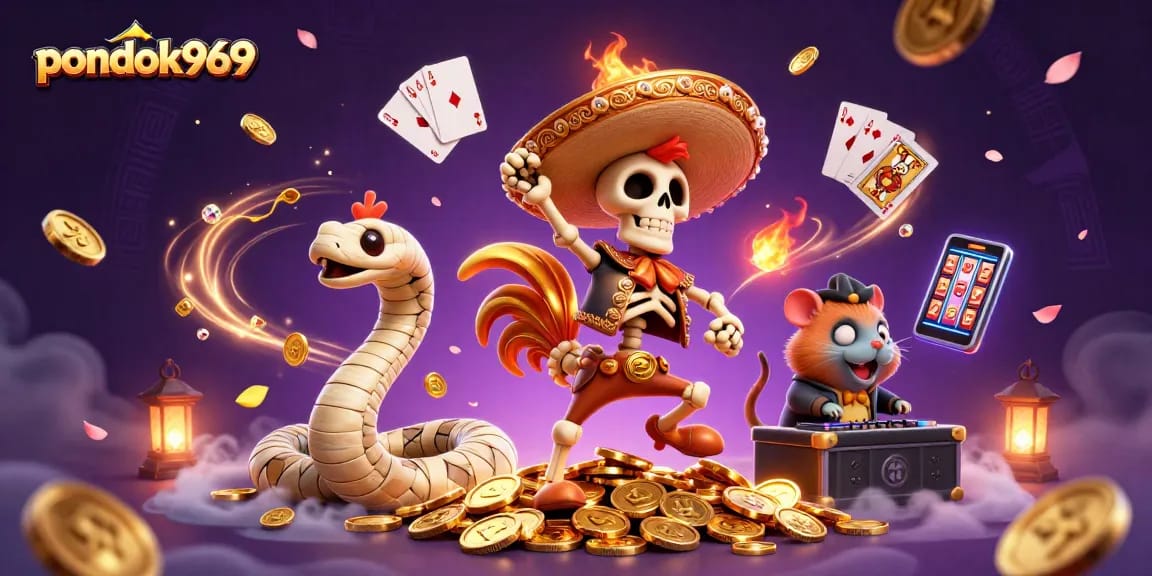 Engage with pondok969's vibrant slot games featuring golden coins and interactive characters.