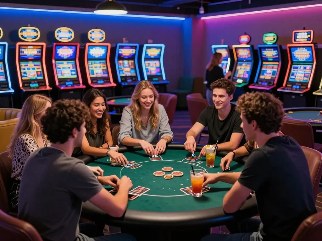 MM88 gaming scene with friends enjoying poker in a vibrant casino atmosphere.