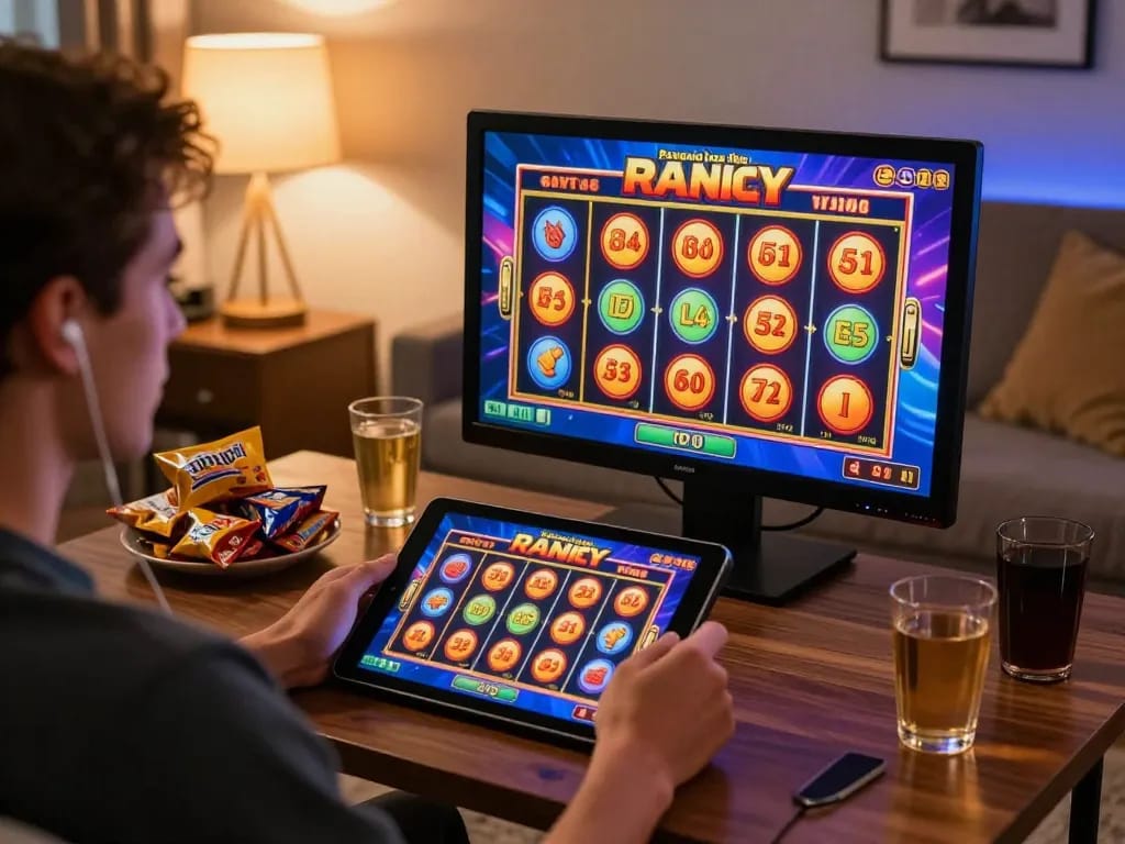 RR88 player enjoying an exciting online slot game session in a cozy atmosphere.