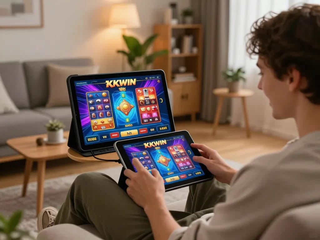 Engaging with KKWIN tablet games in a cozy living room setting